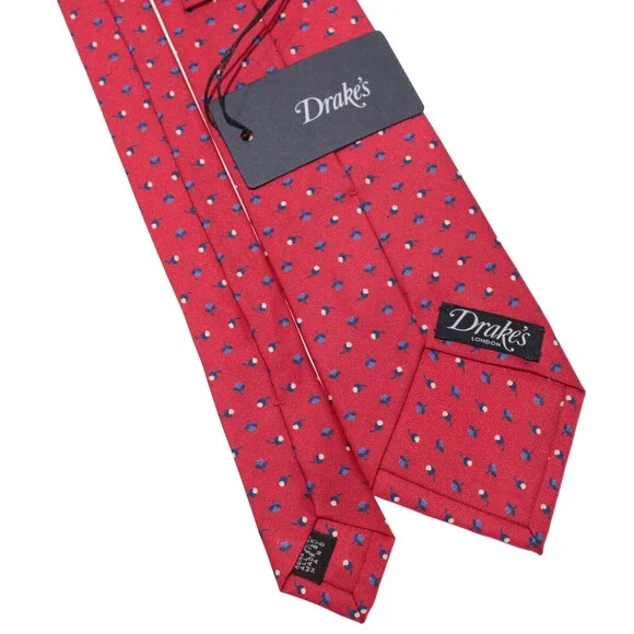 Drake's NWT Neck Tie in Red with Navy/Light Blue & White Floral Print 100% Silk